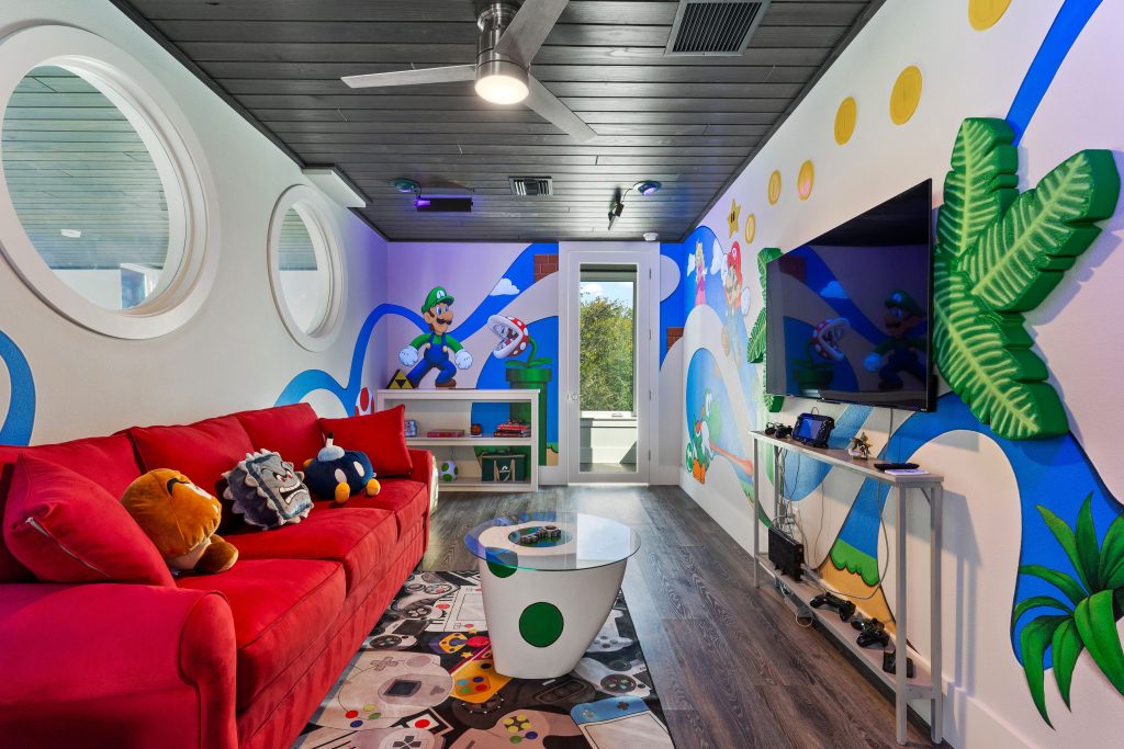 Mario themed game room in converted loft, designed by Orlando's best interior designer, Magic Interiors Orlando