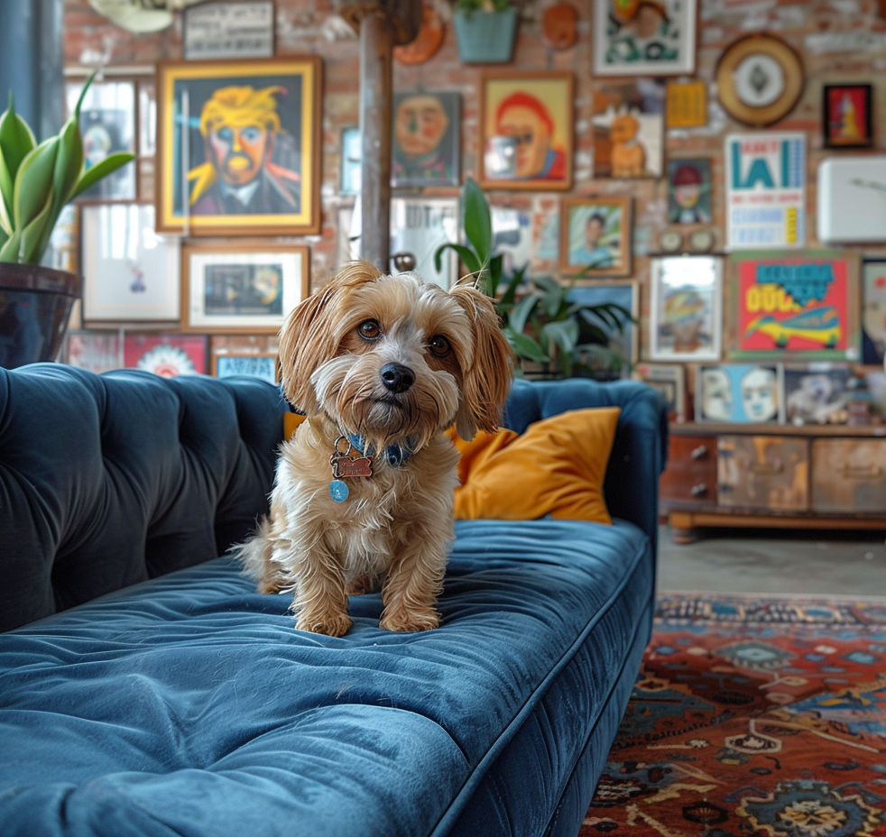Maximalism living room with pup