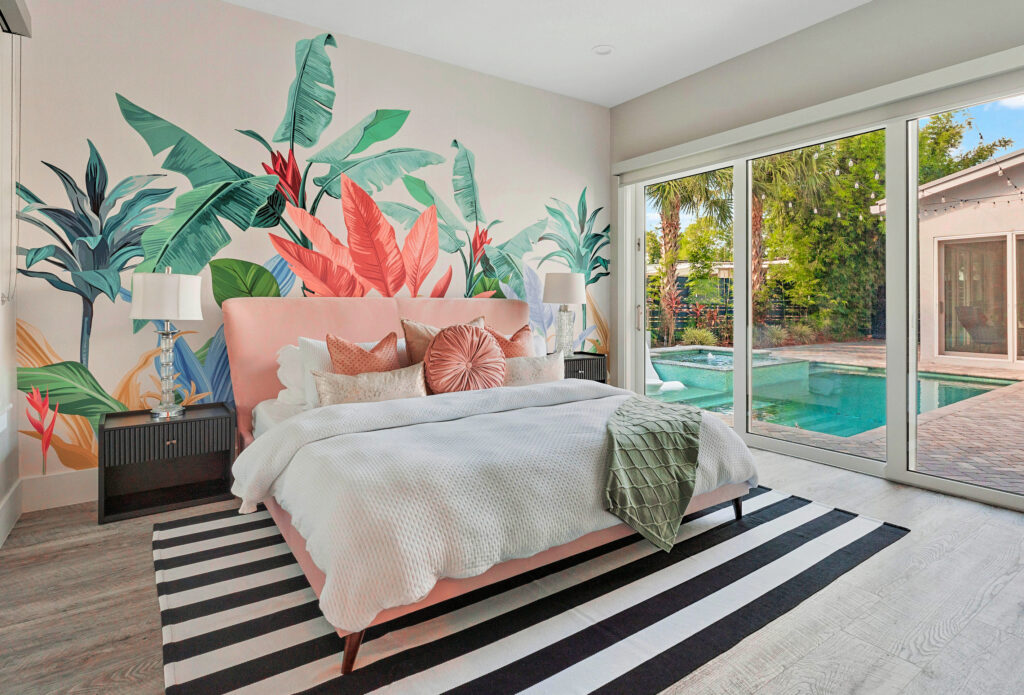 Beverley Hills Hotel style bedroom in tropical vacation home