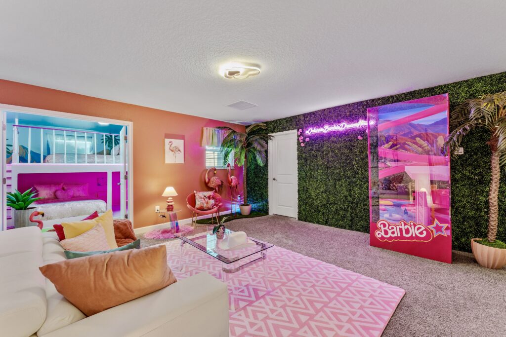 Barbie themed loft in vacation rental Orlando Florida designed to boost Airbnb revenue