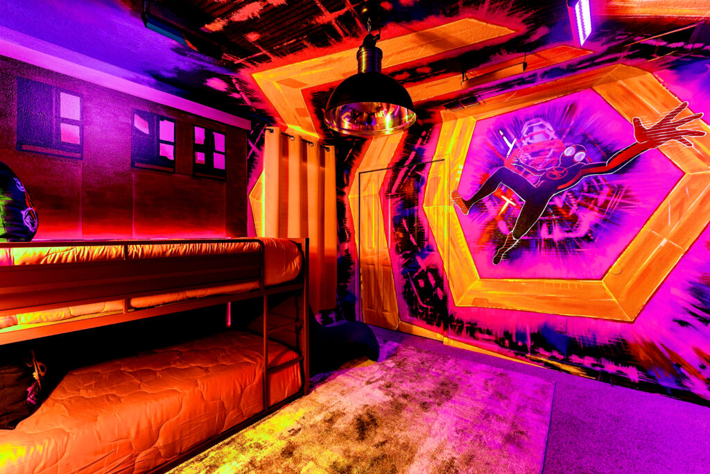 Spiderverse custom themed bedroom with black light reactive effects