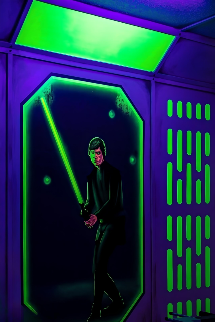 Stars Wars themed game room with custom black light reactive mural of Anakin Skywalker Orlando airbnb vacation rental