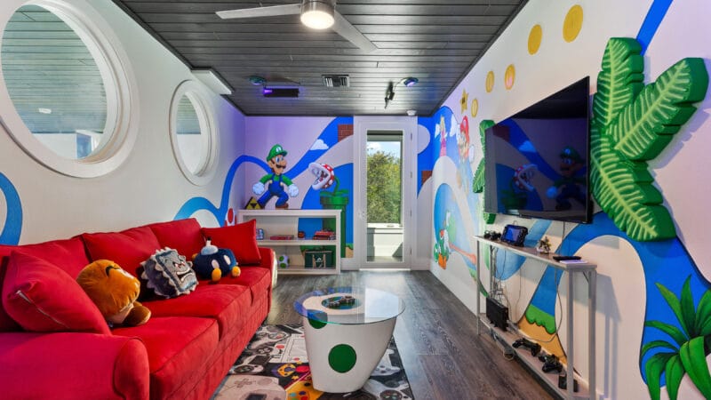 Custom Nintendo themed game room loft in Orlando airbnb
