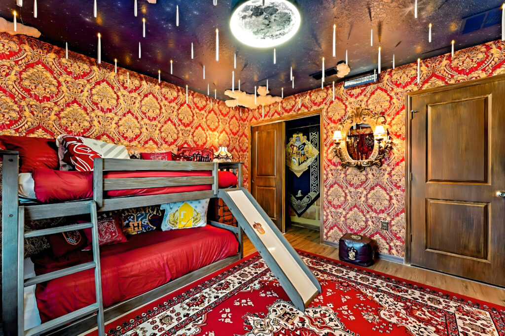 Harry Potter themed bedroom with built in custom escape game in Orlando airbnb vacation rental designed by Magic Interiors