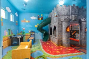 Mario themed airbnb game room designed by Magic Interiors