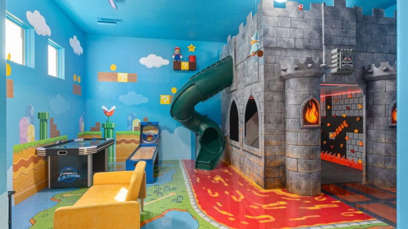 Mario themed airbnb game room designed by Magic Interiors
