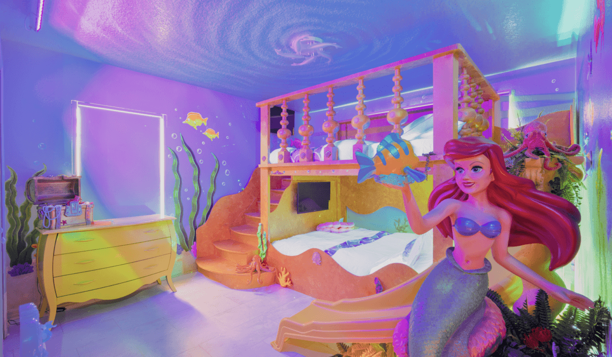 Little Mermaid Themed Bedroom with Custom Sand Castle bunk bed and black light reactive special effects