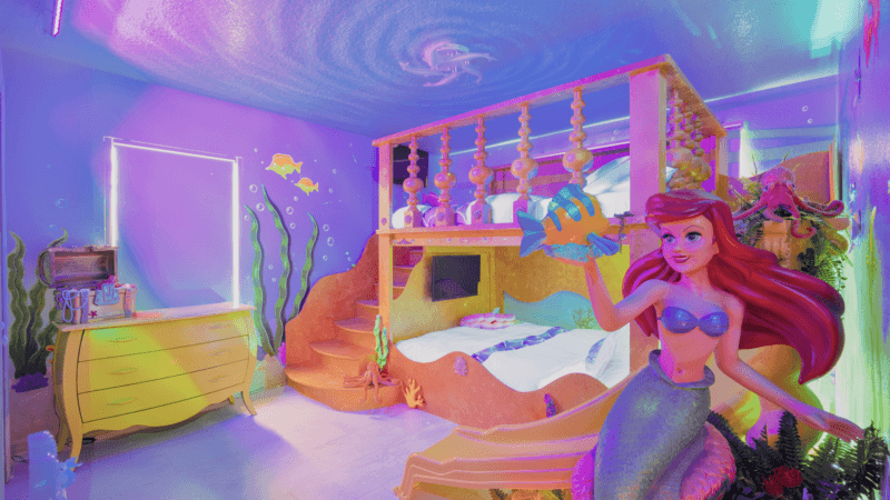 Little Mermaid Themed Bedroom with Custom Sand Castle bunk bed and black light reactive special effects