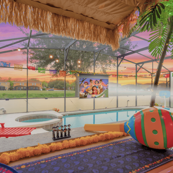 Custom designed screen enclosed private pool and spa with outdoor projector and games