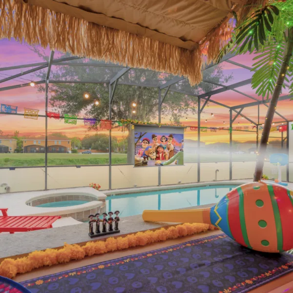 Custom designed screen enclosed private pool and spa with outdoor projector and games