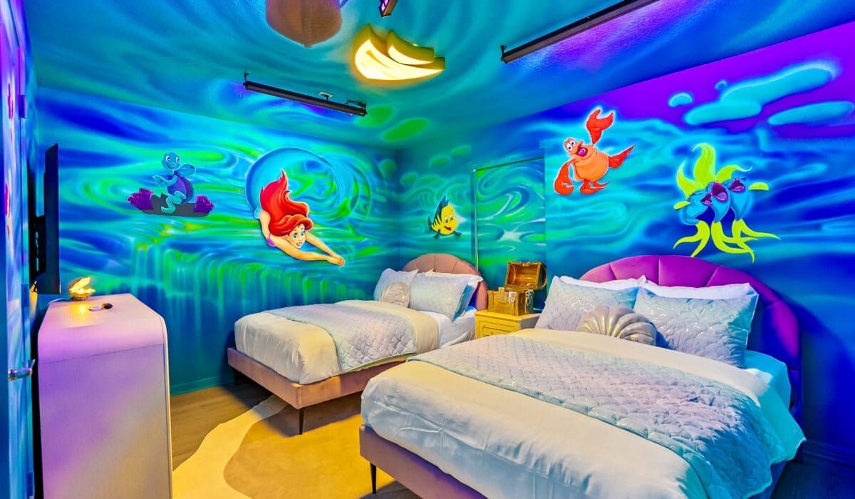 Little Mermaid Themed Bedroom with Custom Sand Castle bunk bed and black light reactive special effects