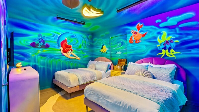 Little Mermaid Themed Bedroom with Custom Sand Castle bunk bed and black light reactive special effects