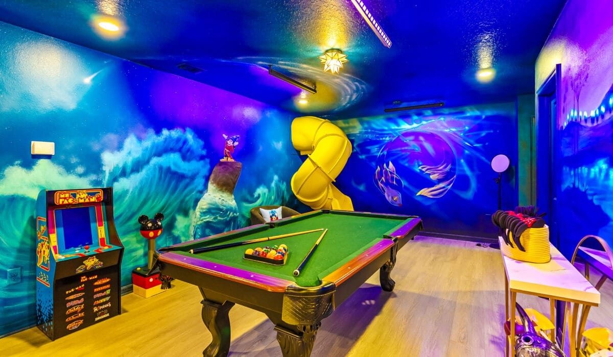 Fantasia Themed Loft with tube slide Billiards arcade games and instagram wall
