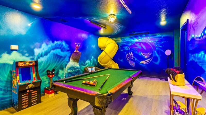Fantasia Themed Loft with tube slide Billiards arcade games and instagram wall